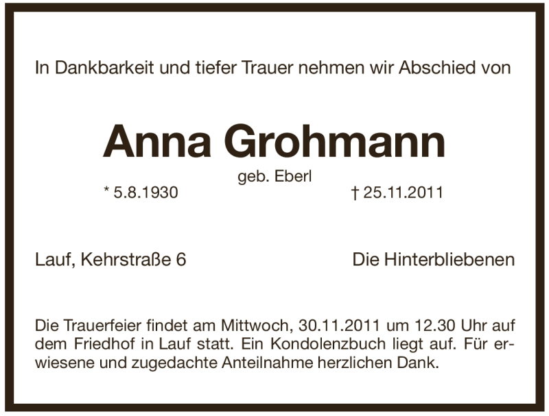  Traueranzeige für Anna Grohmann vom 28.11.2011 aus Pegnitz-Zeitung